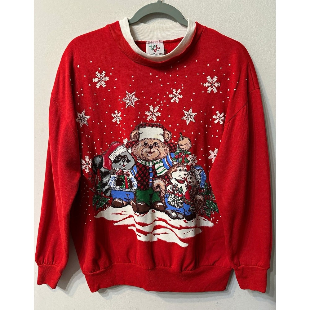 Vintage 80s Nutcracker Christmas Sweatshirt Large USA Bear Raccoon Winter Red